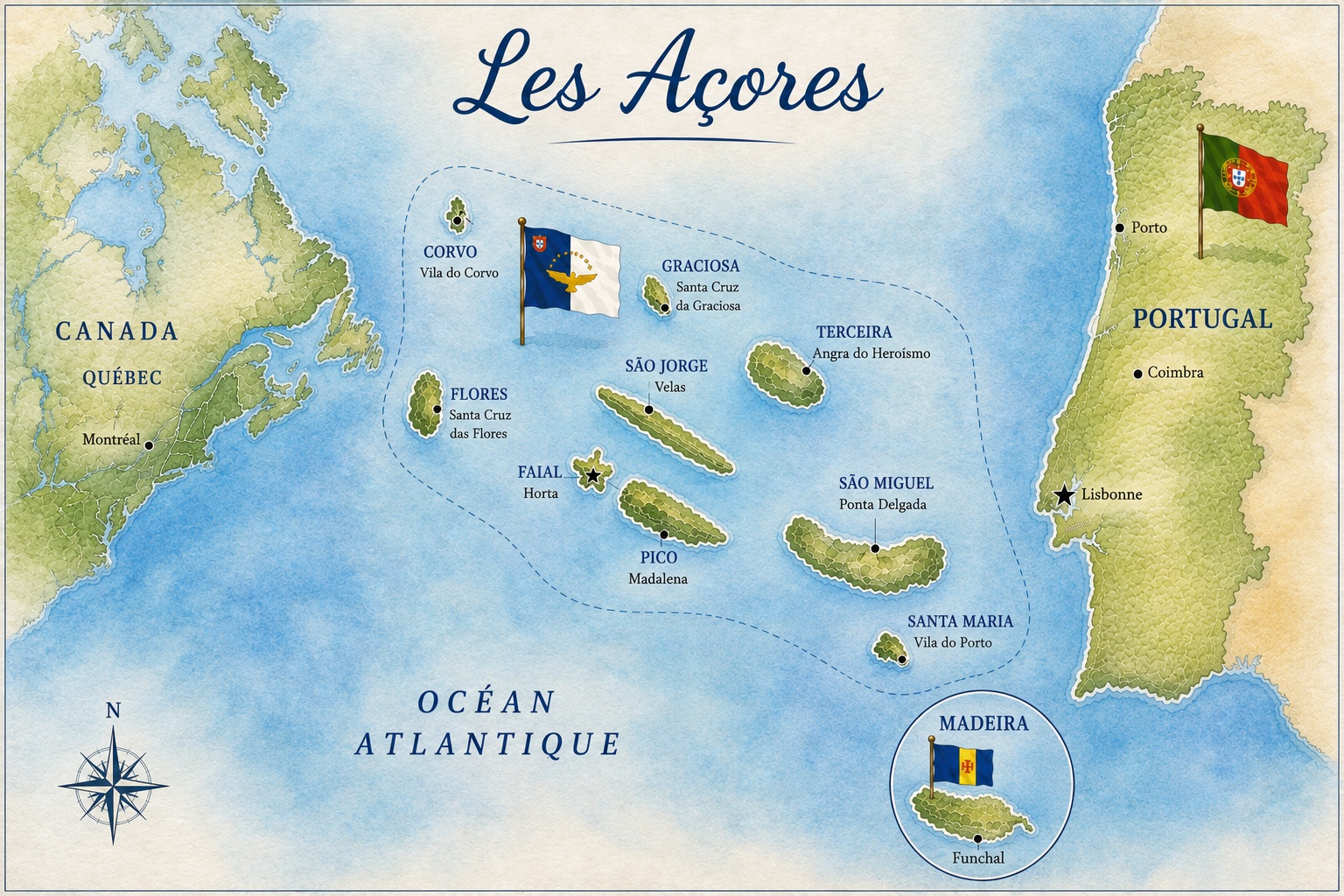 Carte des neuf îles des Açores dans l'océan Atlantique, entre le Québec et le Portugal